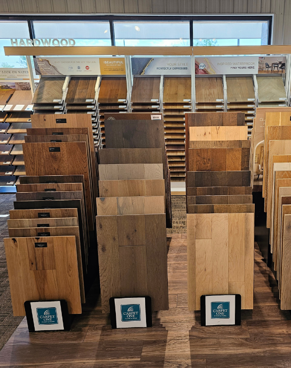 Hardwood samples in a flooring showroom